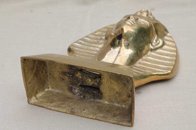 photo of large solid brass bust of King Tut, vintage Egyptian art statue bookend doorstop #5