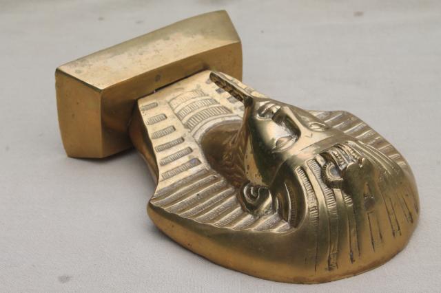 photo of large solid brass bust of King Tut, vintage Egyptian art statue bookend doorstop #6