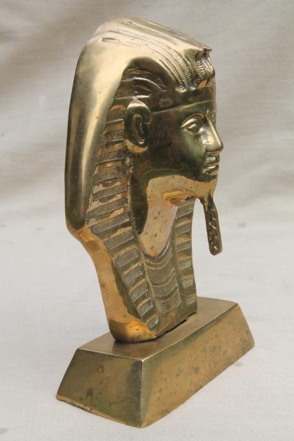 photo of large solid brass bust of King Tut, vintage Egyptian art statue bookend doorstop #7