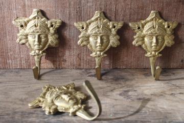 catalog photo of large solid brass coat hooks Siam style Buddha, new old stock vintage hardware 