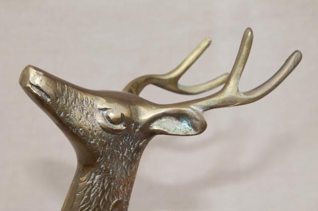 photo of large solid brass deer figurines, buck & doe spotted deer, pair vintage statues #2