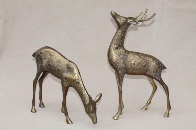 photo of large solid brass deer figurines, buck & doe spotted deer, pair vintage statues #4