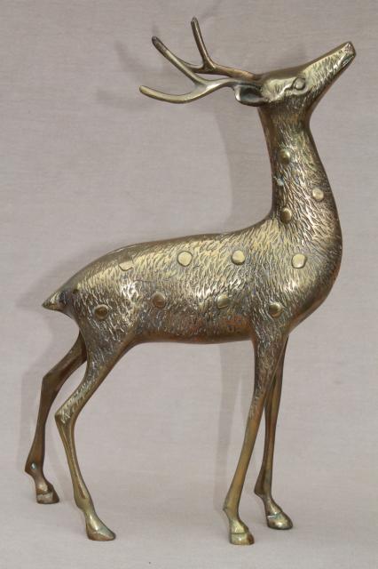 photo of large solid brass deer figurines, buck & doe spotted deer, pair vintage statues #6