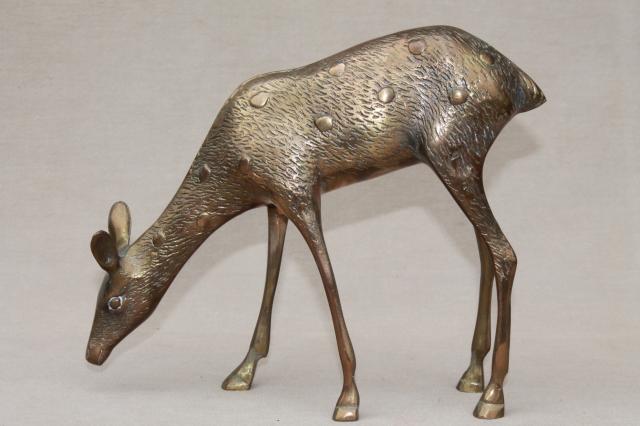 photo of large solid brass deer figurines, buck & doe spotted deer, pair vintage statues #7