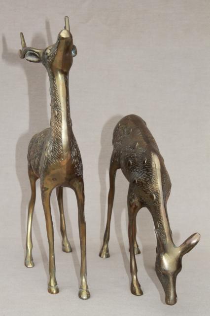 photo of large solid brass deer figurines, buck & doe spotted deer, pair vintage statues #9