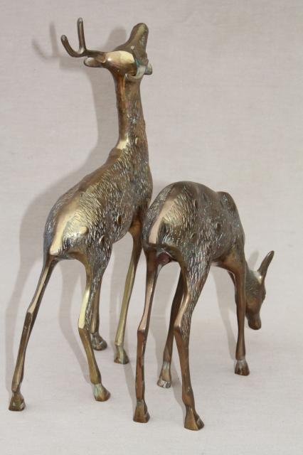 photo of large solid brass deer figurines, buck & doe spotted deer, pair vintage statues #10