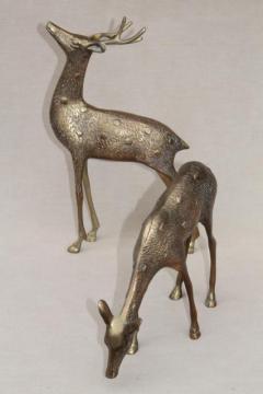 catalog photo of large solid brass deer figurines, buck & doe spotted deer, pair vintage statues