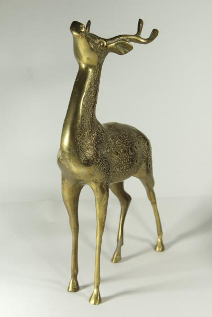 photo of large solid brass deer, pair doe & buck w/ antlers, vintage statuary #5