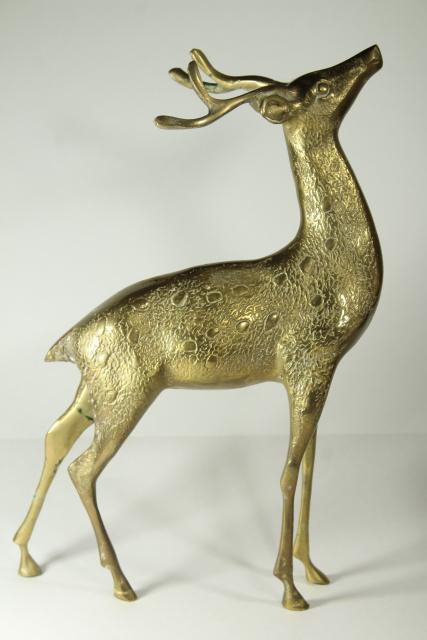 photo of large solid brass deer, pair doe & buck w/ antlers, vintage statuary #8