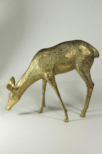 photo of large solid brass deer, pair doe & buck w/ antlers, vintage statuary #10