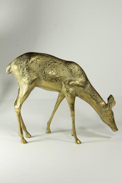 photo of large solid brass deer, pair doe & buck w/ antlers, vintage statuary #12