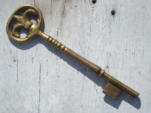 photo of large solid brass key, steampunk style paperweight for work table or desk #1