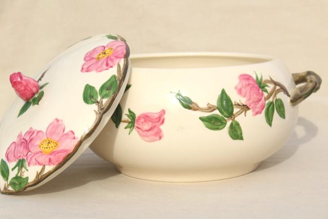 photo of large soup tureen w/ notched lid, vintage Franciscan Desert Rose USA backstamp #3