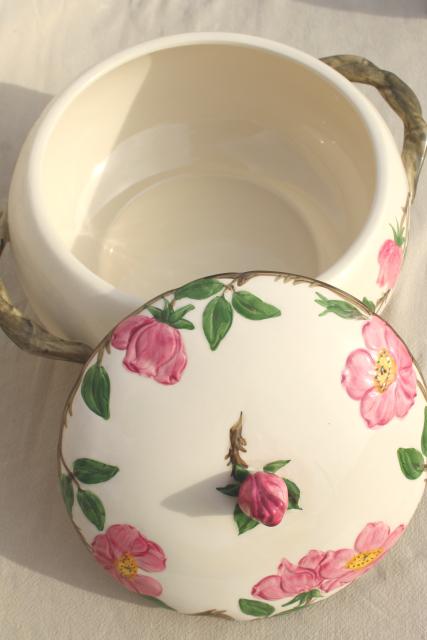 photo of large soup tureen w/ notched lid, vintage Franciscan Desert Rose USA backstamp #7