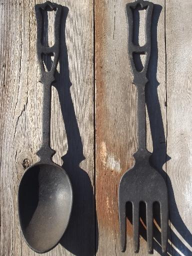 photo of large spoon & fork, vintage kitchen wall art, black cast iron utensils #1