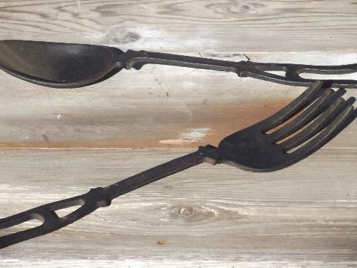 photo of large spoon & fork, vintage kitchen wall art, black cast iron utensils #2