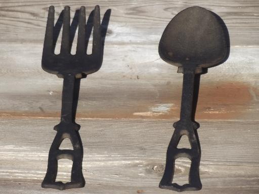 photo of large spoon & fork, vintage kitchen wall art, black cast iron utensils #4