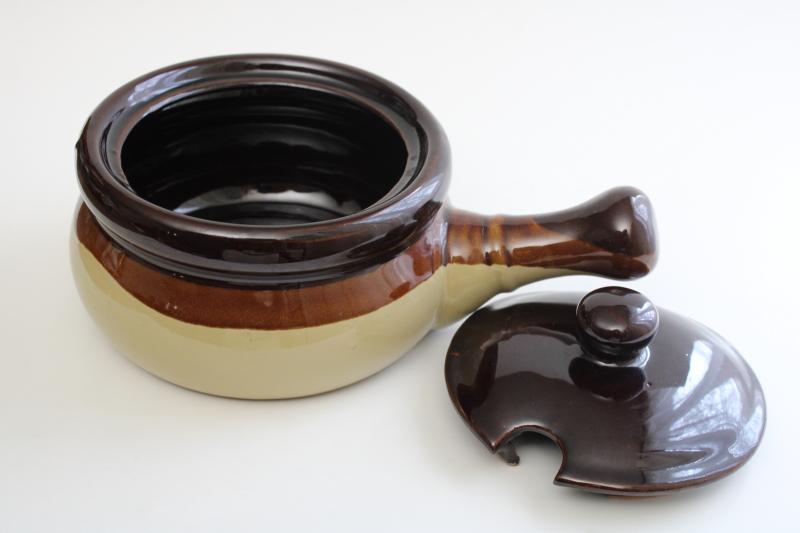 photo of large stoneware pan, vintage stick handle casserole dish, brown band pottery pot w/ lid #2