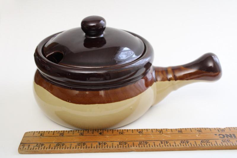 photo of large stoneware pan, vintage stick handle casserole dish, brown band pottery pot w/ lid #5