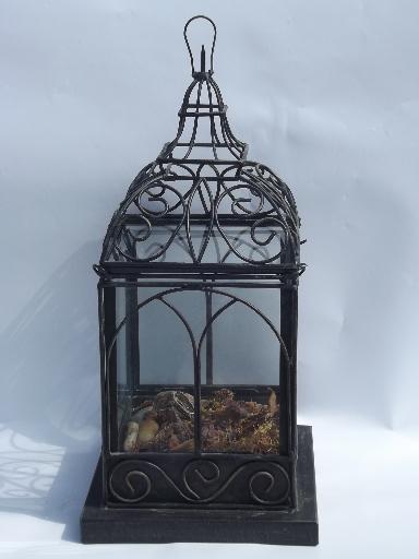 photo of large tabletop glass house, wrought iron birdcage terrarium display box #1