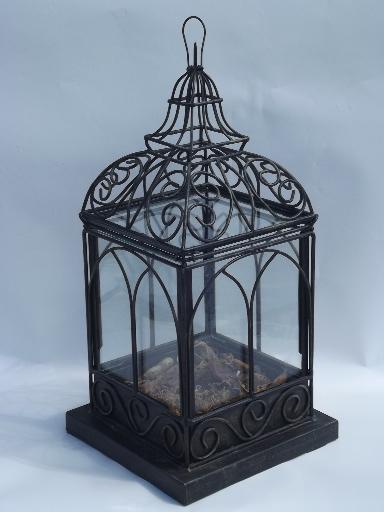 photo of large tabletop glass house, wrought iron birdcage terrarium display box #2