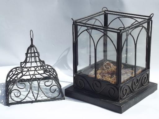 photo of large tabletop glass house, wrought iron birdcage terrarium display box #3