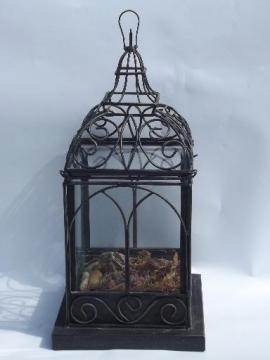 catalog photo of large tabletop glass house, wrought iron birdcage terrarium display box