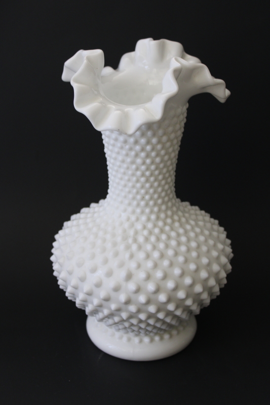 photo of large vase for roses, vintage Fenton hobnail milk glass crimped edge tall vase #1