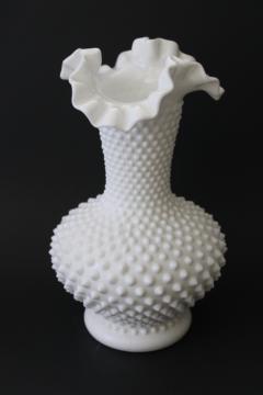 photo of large vase for roses, vintage Fenton hobnail milk glass crimped edge tall vase