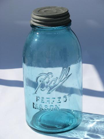 photo of large vintage blue glass Ball fruit canning mason jars for storage #2