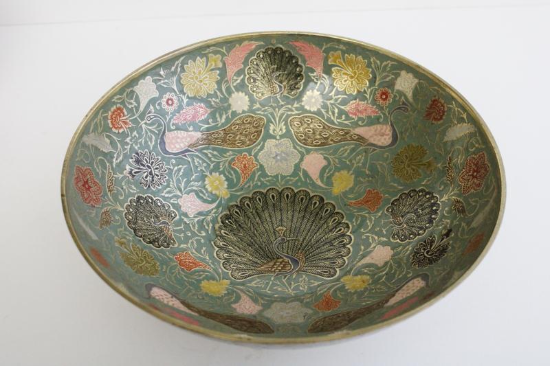 photo of large vintage brass bowl w/ peacocks, niello style colored enameled brass #1