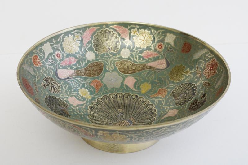 photo of large vintage brass bowl w/ peacocks, niello style colored enameled brass #4