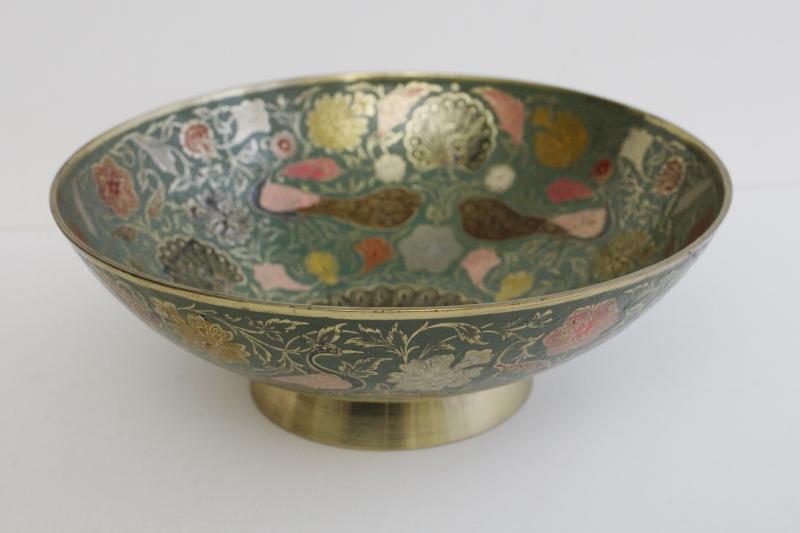 photo of large vintage brass bowl w/ peacocks, niello style colored enameled brass #5