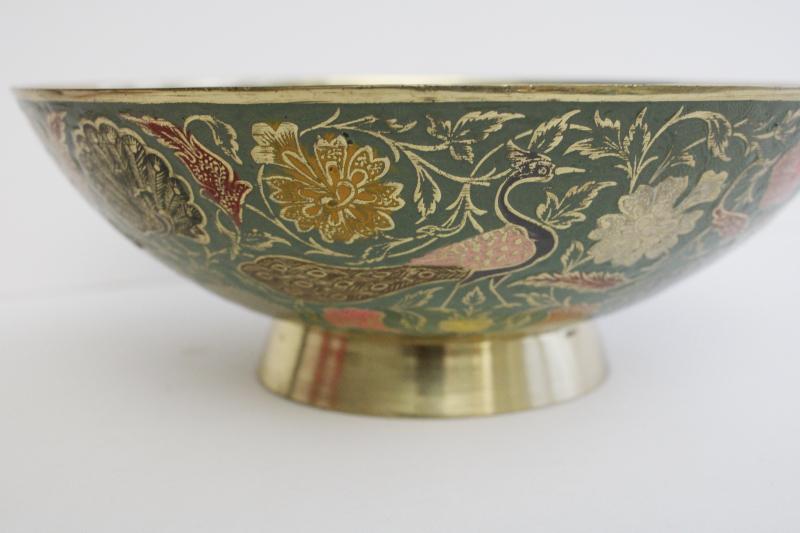 photo of large vintage brass bowl w/ peacocks, niello style colored enameled brass #6