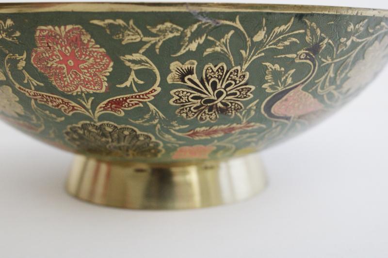 photo of large vintage brass bowl w/ peacocks, niello style colored enameled brass #7