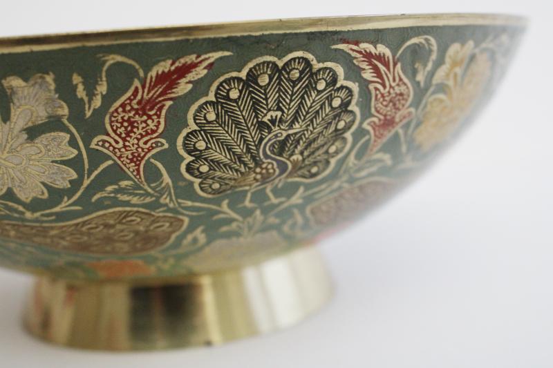 photo of large vintage brass bowl w/ peacocks, niello style colored enameled brass #8