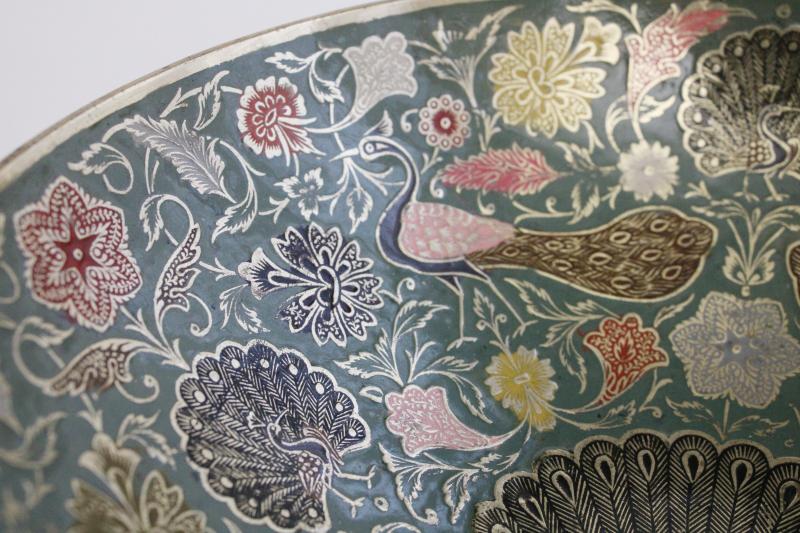 photo of large vintage brass bowl w/ peacocks, niello style colored enameled brass #10