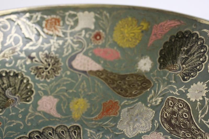 photo of large vintage brass bowl w/ peacocks, niello style colored enameled brass #12