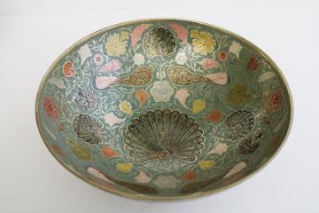 catalog photo of large vintage brass bowl w/ peacocks, niello style colored enameled brass