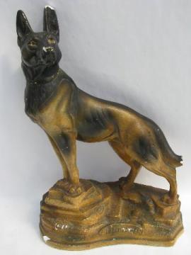 catalog photo of large vintage chalk ware dog statue of german shepard Rin Tin Tin