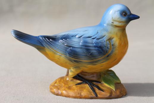 photo of large vintage chalkware bluebird figurine, cottage style blue & yellow song bird #2