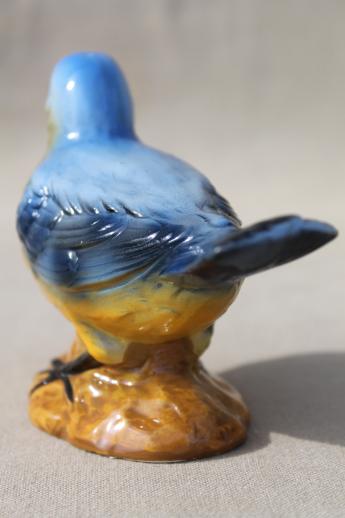 photo of large vintage chalkware bluebird figurine, cottage style blue & yellow song bird #3