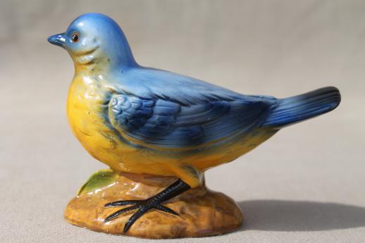 photo of large vintage chalkware bluebird figurine, cottage style blue & yellow song bird #4