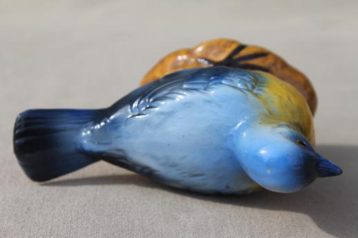 photo of large vintage chalkware bluebird figurine, cottage style blue & yellow song bird #7