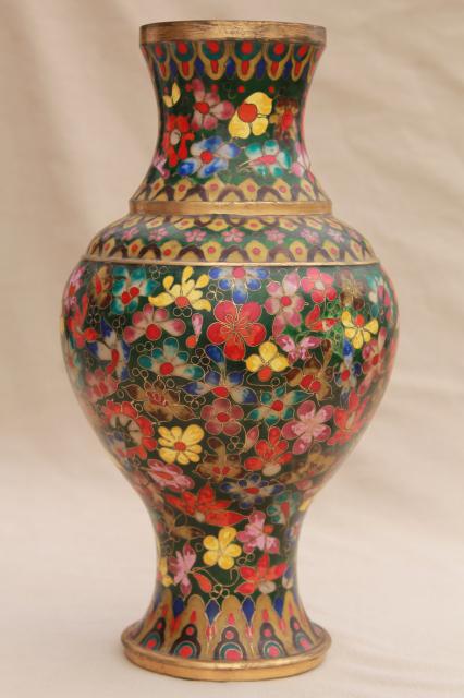 photo of large vintage enameled brass vase, Chinese cloisonne or champleve, vivid colors w/ jade green #5