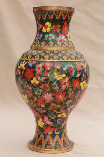 photo of large vintage enameled brass vase, Chinese cloisonne or champleve, vivid colors w/ jade green #6