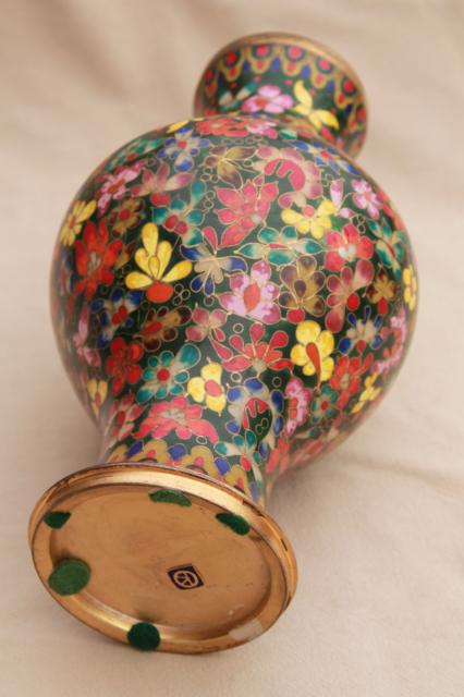 photo of large vintage enameled brass vase, Chinese cloisonne or champleve, vivid colors w/ jade green #9