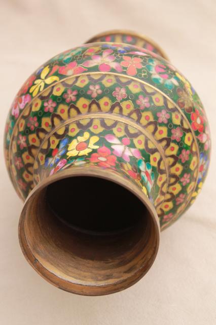 photo of large vintage enameled brass vase, Chinese cloisonne or champleve, vivid colors w/ jade green #11