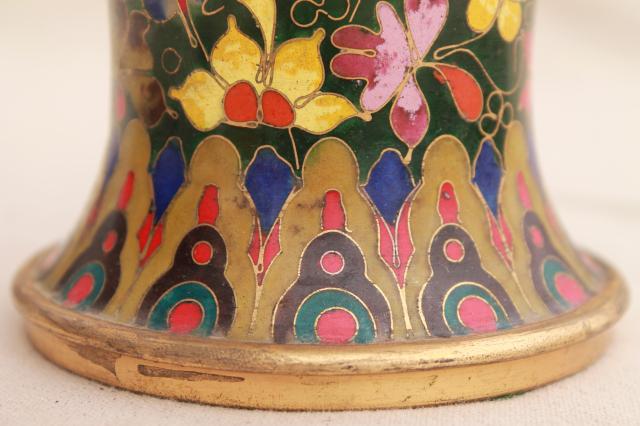 photo of large vintage enameled brass vase, Chinese cloisonne or champleve, vivid colors w/ jade green #12