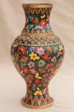 catalog photo of large vintage enameled brass vase, Chinese cloisonne or champleve, vivid colors w/ jade green